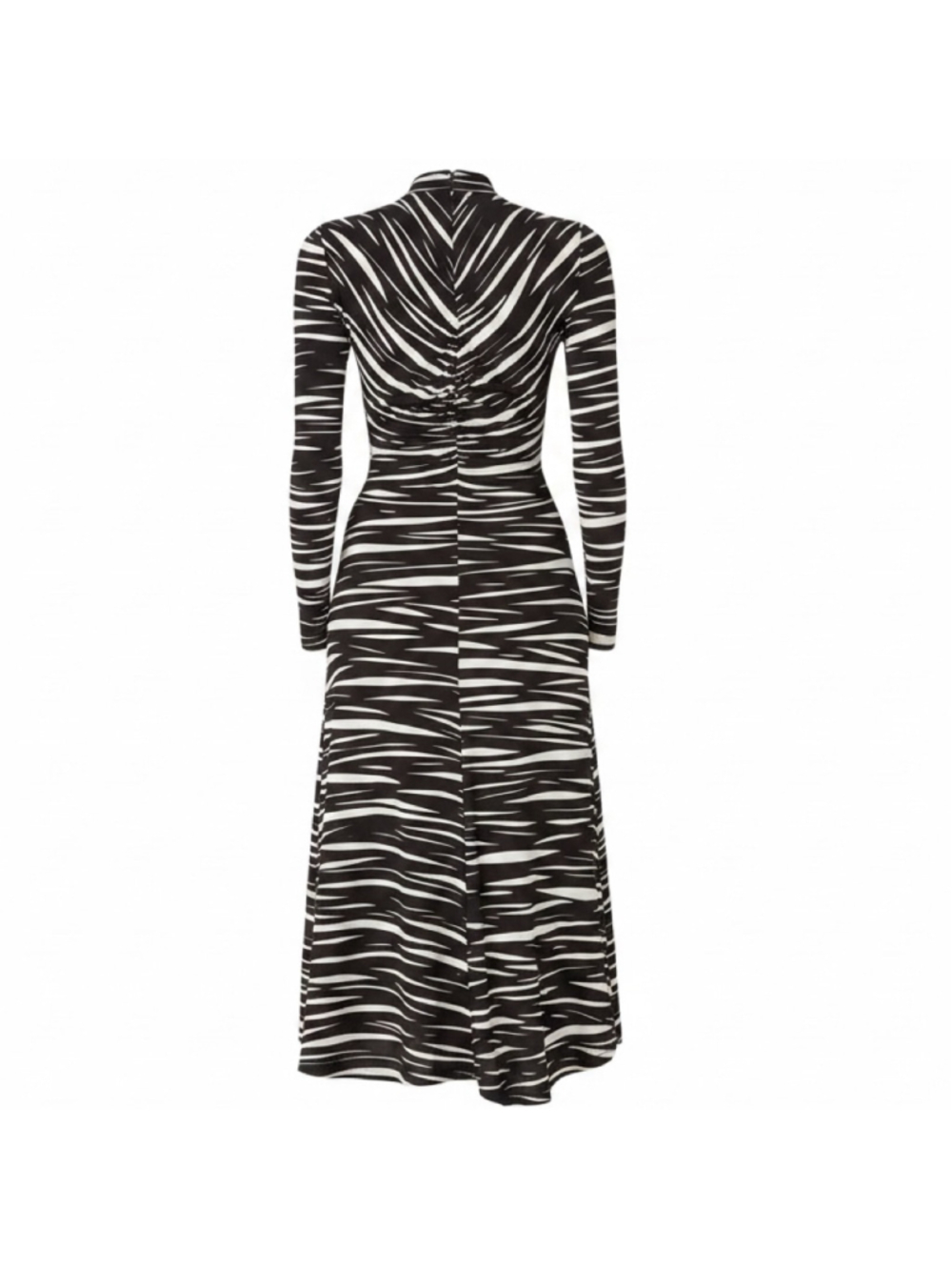 Stine Goya Asher Ruched Zebra Print Jersey Long Sleeve Midi Dress Black Cream Sm - Picture 2 of 6